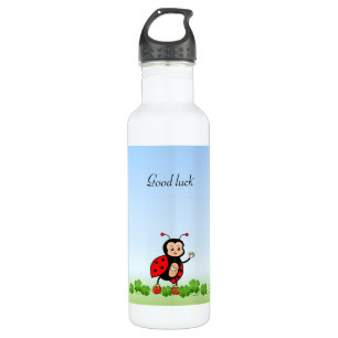 Cute Ladybug, Four-leaf Clovers on Light Blue 710 Ml Water Bottle