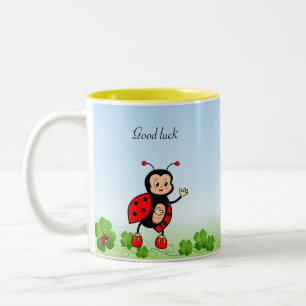 Cute Ladybug, Four-leaf Clovers on Light Blue Two-Tone Coffee Mug