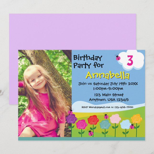 Cute Ladybug Garden Birthday Invitation for Girls (Front/Back)
