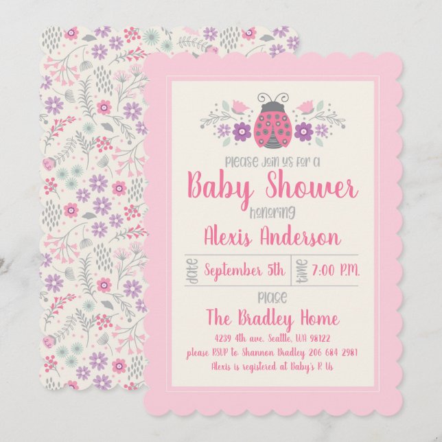Cute Ladybug Girl Baby Shower Invitation (Front/Back)