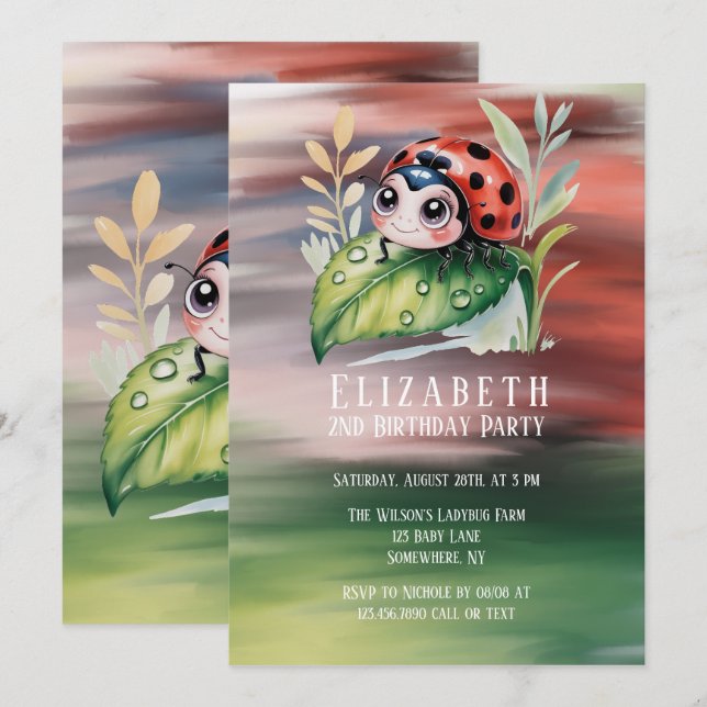 Cute Ladybug Girl Birthday Party Invitation (Front/Back)