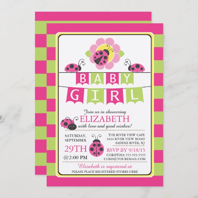 Cute Ladybug Girls Baby Shower Invitation (Front/Back)