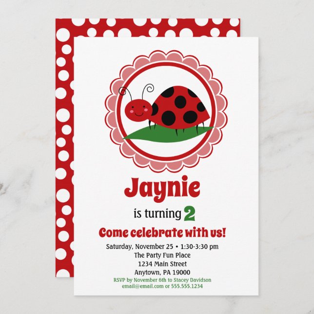 Cute Ladybug Girls Birthday Invitation (Front/Back)