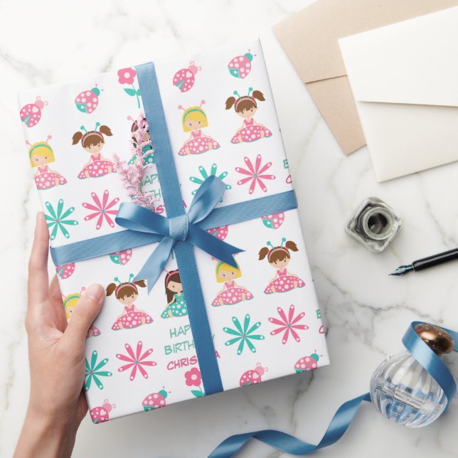 Cute Ladybug Girls Personalised Birthday Wrapping Paper (Gifting)