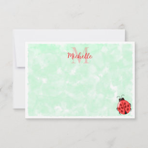 Cute Ladybug Green Watercolor Background Monogram Card