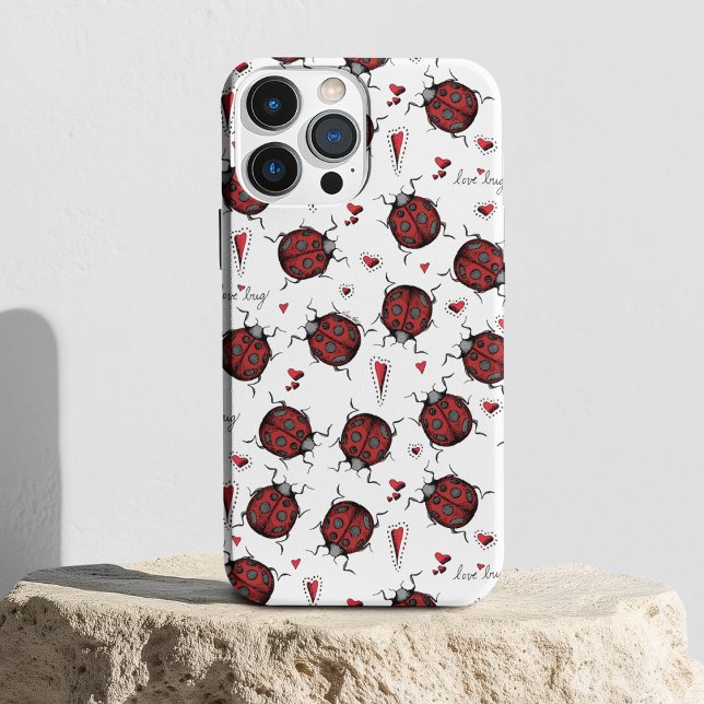 Cute Ladybug Hearts Lovebug Handdrawn Illustration Case-Mate iPhone Case (Cute Hand-Drawn Red Ladybugs, Red Hearts & Hand-Written "Love Bug" against a White Background.)