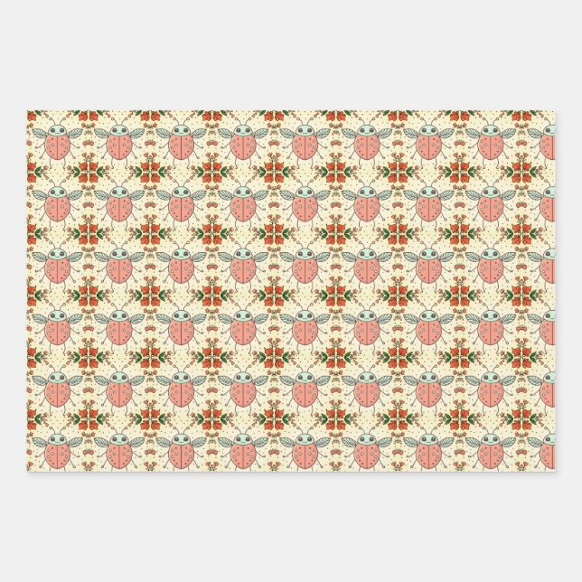 Cute Ladybug Hearts Lovebug Handdrawn Illustration Wrapping Paper Sheet (Front)