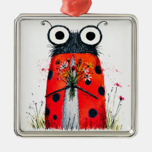 Cute Ladybug Holding Wildflower Bouquet Metal Tree Decoration