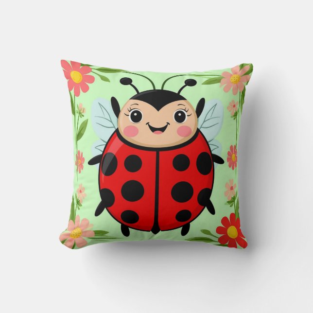 Cute Ladybug Illustration Surrounded by Flowers Cushion (Front)