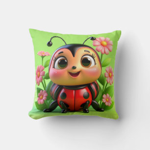 Cute Ladybug Illustration Surrounded by Flowers Cushion