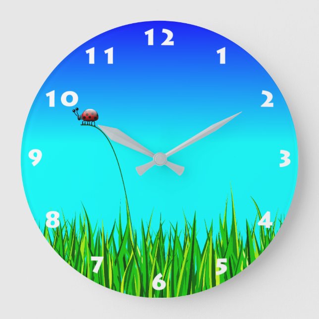 CUTE LADYBUG IN GRASS WITH WHITE NUMBERS FOR KIDS  LARGE CLOCK (Front)