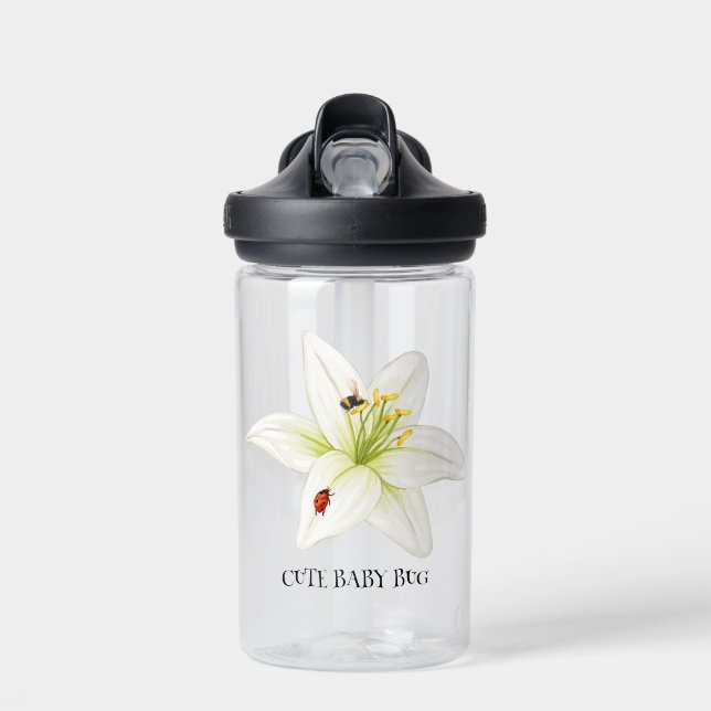 Cute ladybug lily flower school kids girly water bottle (Front)