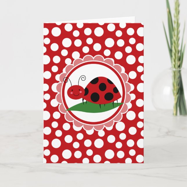 Cute Ladybug On A Leaf - Girls Red Black Card (Front)