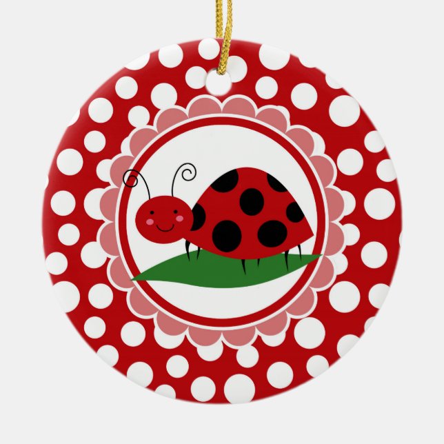 Cute Ladybug On A Leaf - Girls Red Black Ceramic Tree Decoration (Front)