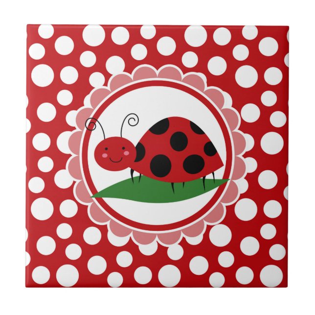 Cute Ladybug On A Leaf - Girls Red Black Tile (Front)