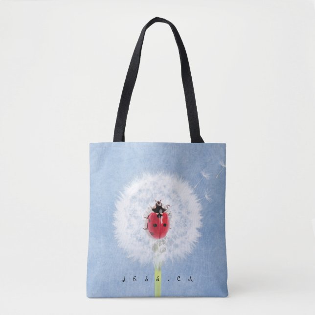 Cute Ladybug on Dandelion Nature Tote Bag (Front)