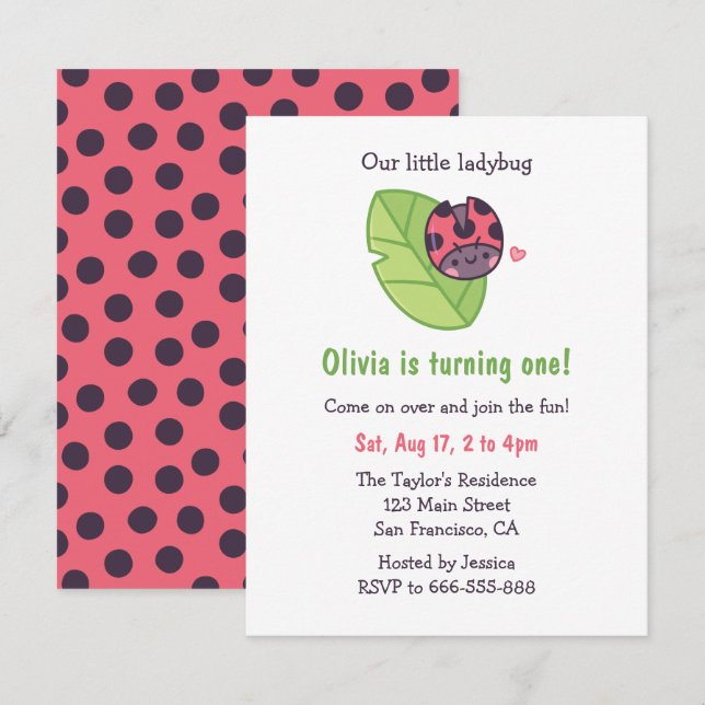 Cute Ladybug On Leaf Doodle Girls Birthday Party Invitation (Front/Back)