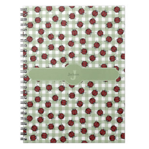 Cute Ladybug Pattern Green Gingham Monogram Name Notebook