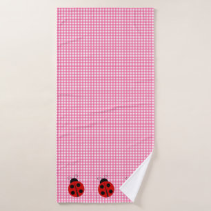 Cute Ladybug Pink and White Picnic Checks Gingham Bath Towel