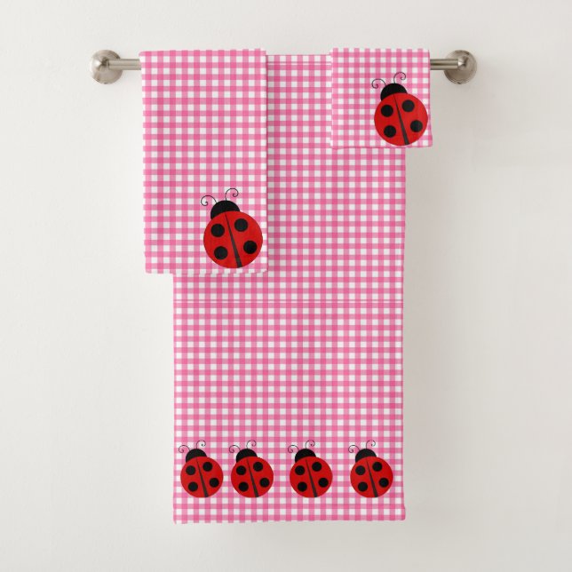 Cute Ladybug Pink and White Picnic Checks Gingham Bath Towel Set (Insitu)