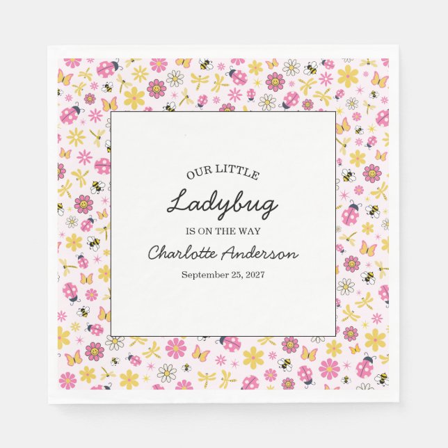 Cute Ladybug Pink Girl Baby Shower Napkin (Front)
