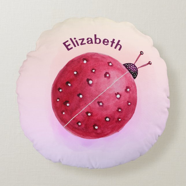Cute Ladybug Pink Girl Name Round Cushion (Front)