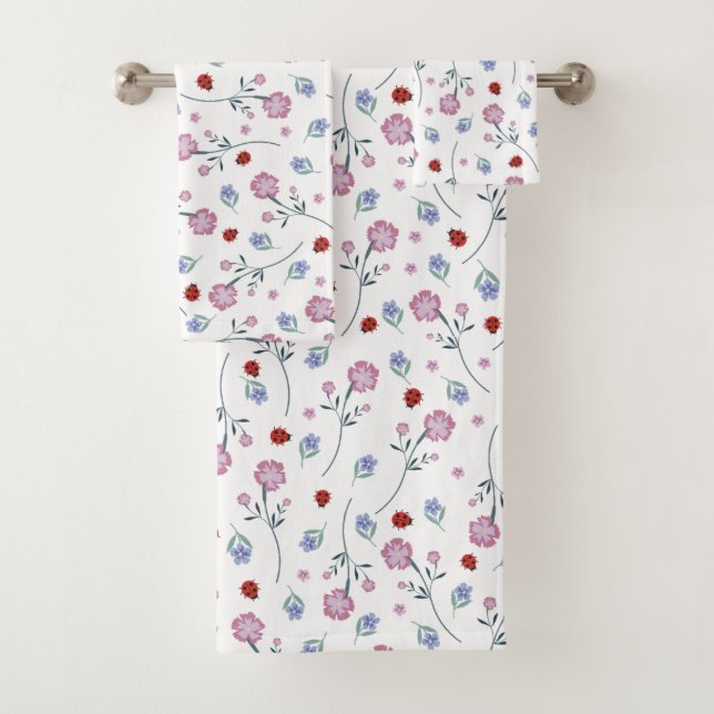 Cute Ladybug Polka dot Daisy Flower Rustic Pattern Bath Towel Set (Insitu)