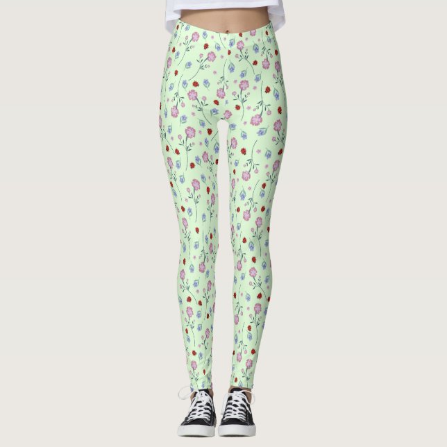 Cute Ladybug Polka dot Daisy Flower Rustic Pattern Leggings (Front)