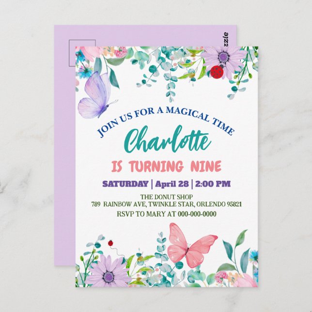 Cute Ladybug Polka dot floral Flower Birthday name Postcard (Front/Back)