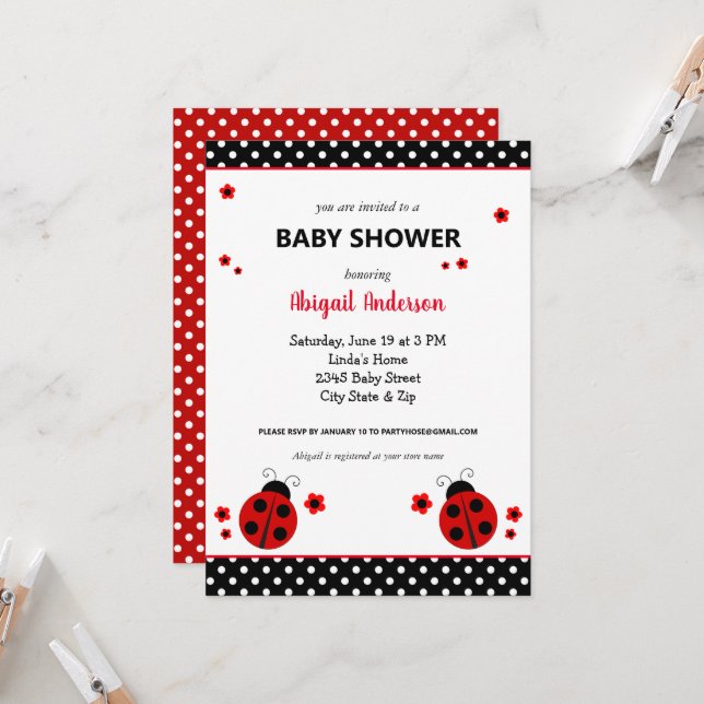 Cute Ladybug Polka Dots Baby Shower Invitation (Front/Back In Situ)