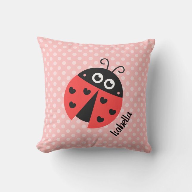 Cute Ladybug Polka Dots Girls Room Decor Pink Cushion (Front)