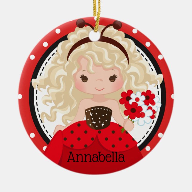 Cute Ladybug Princess Personalised Ceramic Tree Decoration (Front)