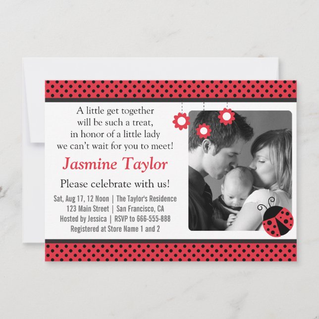 Cute Ladybug, Red and Black Polka Dots Baby Shower Invitation (Front)