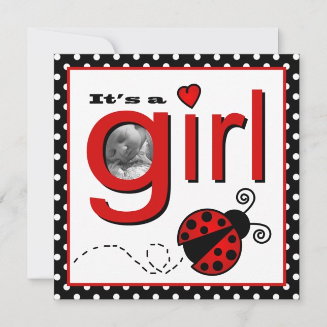Cute Ladybug Red & Black Baby Photo Announcement (Front)