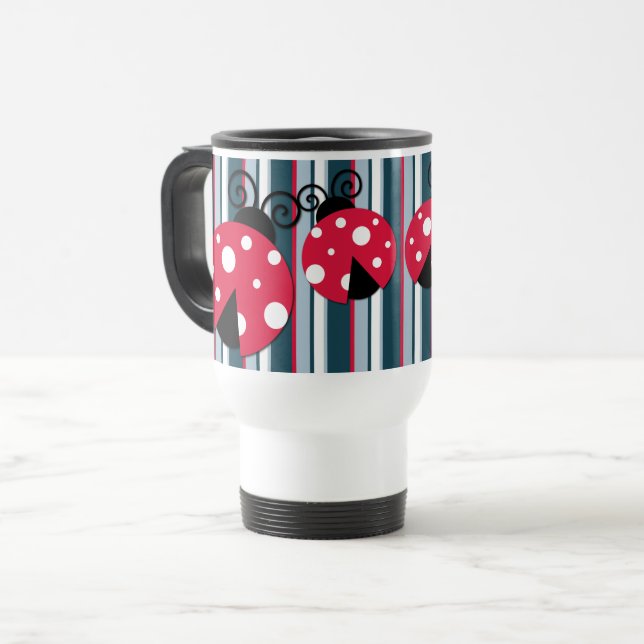 Cute Ladybug Red White Blue Stripes Pattern Travel Mug (Front Left)