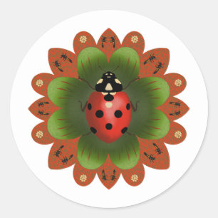 Cute Ladybug Red White Green Classic Round Sticker