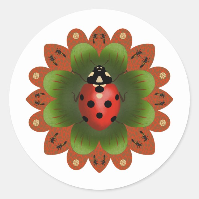 Cute Ladybug Red White Green Classic Round Sticker (Front)