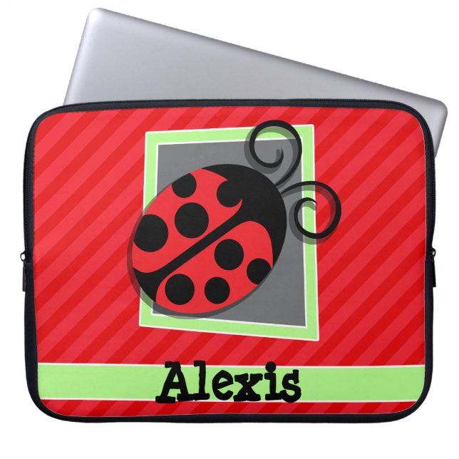 Cute Ladybug; Scarlet Red Stripes Laptop Sleeve (Front)