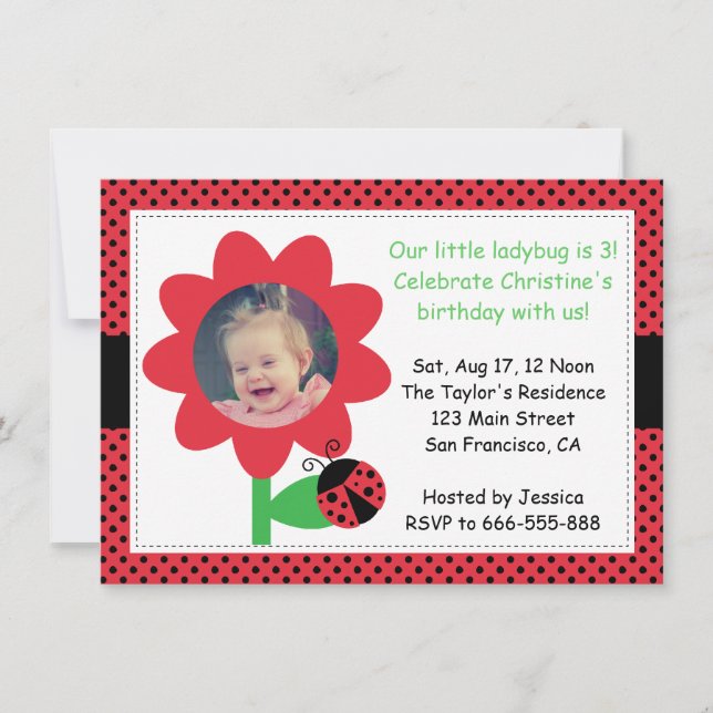 Cute Ladybug turns 3, 3rd birthday, polka dots Invitation (Front)