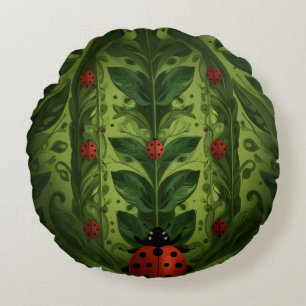 Cute Ladybug & Vertical Plants Round Pillow