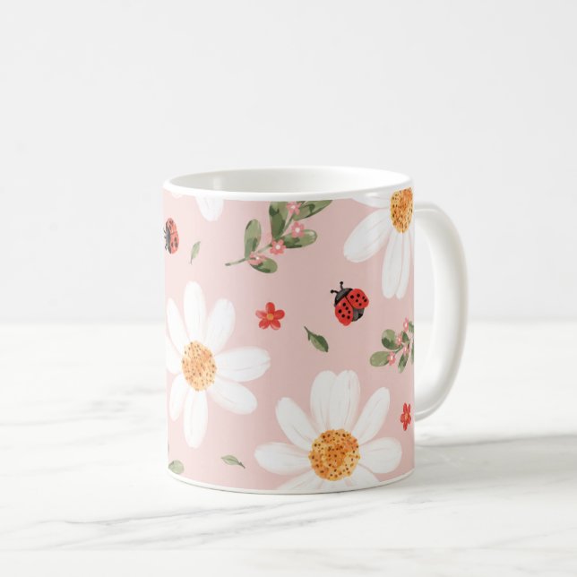 Cute Ladybug & White Flower Mug (Front Right)