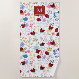 Cute Ladybug Wildflowers Whimsical Floral Monogram Beach Towel