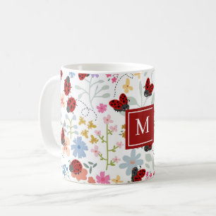 Cute Ladybug Wildflowers Whimsical Floral Monogram Coffee Mug