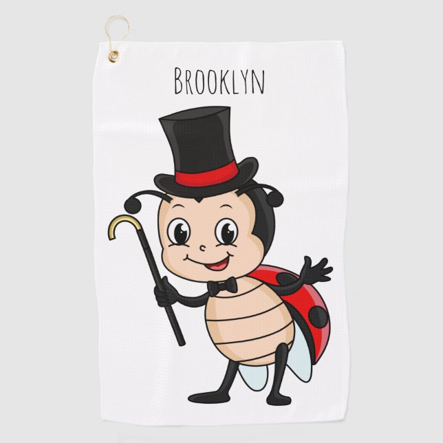 Cute ladybug with top hat and tie cartoon  golf towel (Front)