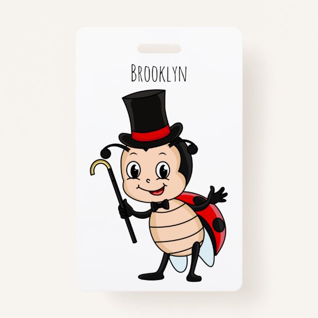 Cute ladybug with top hat and tie cartoon ID badge (Front)
