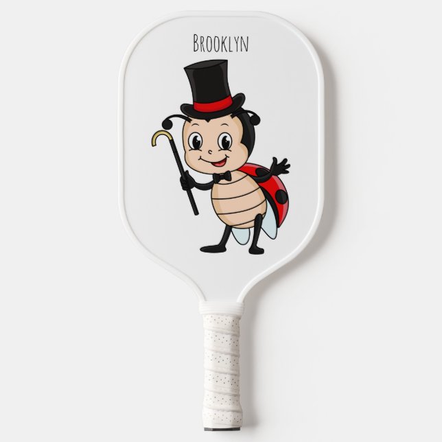 Cute ladybug with top hat and tie cartoon pickleball paddle (Front)