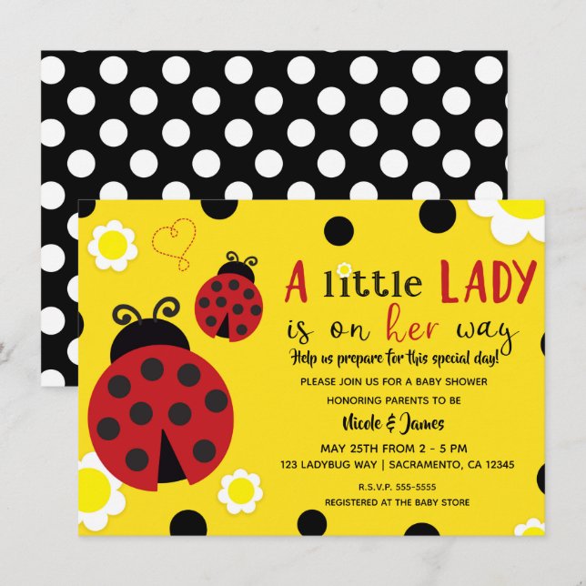 Cute Ladybug Yellow Flowers Girls Baby Shower Invitation (Front/Back)