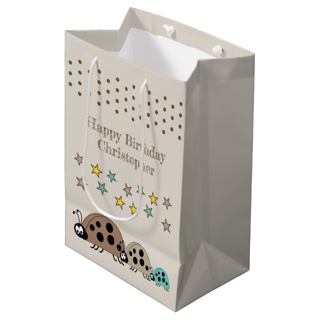Cute ladybugs add name stars brown medium gift bag (Front Angled)