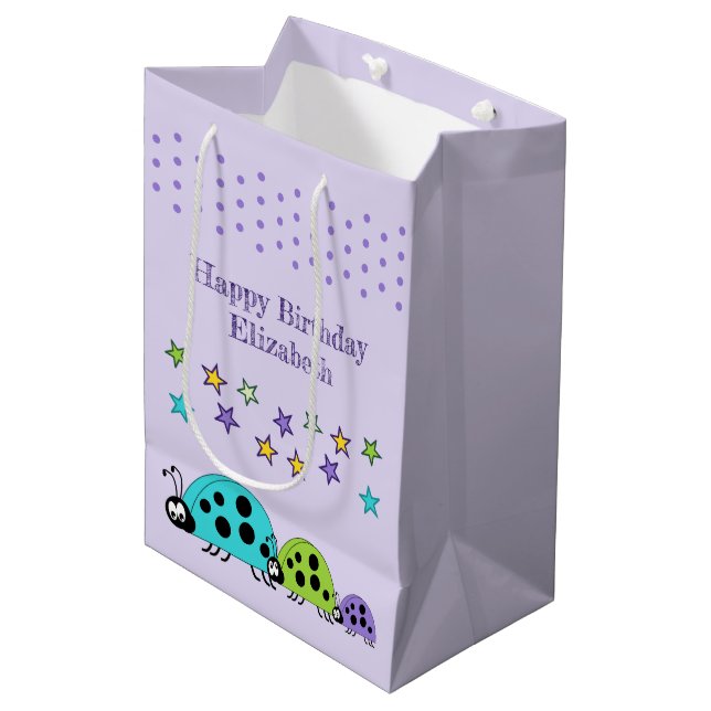 Cute ladybugs add name stars purple medium gift bag (Front Angled)