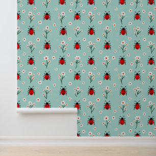Cute Ladybugs and Daisies Pattern on Mint Green Wallpaper